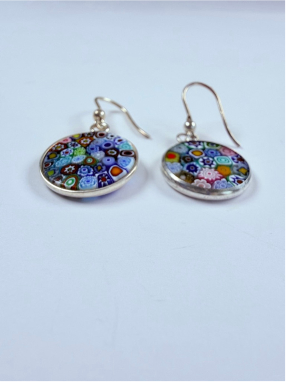 Venetian Murano Glass Millefiori 925 Sterling Silver Dangle Disc Earrings Italy - Picture 3 of 7
